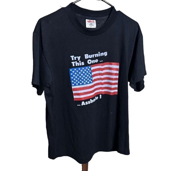 Vintage Try Burning This Flag American Patriot Shirt Small Black Single-Stitch - Picture 1 of 4